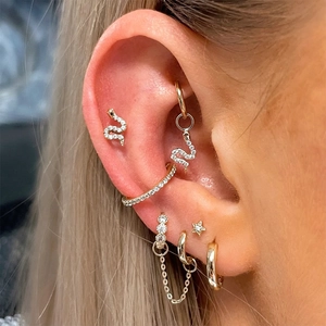 Detail of snake and star shaped gold stud earrings with cubic zirconia on model