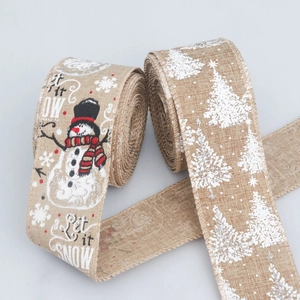 Christmas snowman and snowflake printed linen ribbon rolls for DIY holiday decoration
