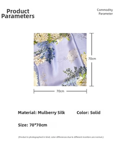 Detail view of 70x70cm mulberry silk scarf with purple floral pattern and material info