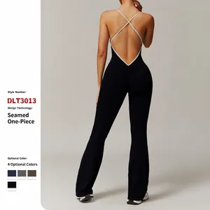 Combinaison Yoga Femme Dos Nu Bretelles Croisées Jambe Évasée Liseré Contrasté Unitard Sport Bodysuit