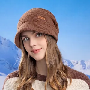 Brown ribbed knit beanie with brim and leather patch against a snowy mountain backdrop