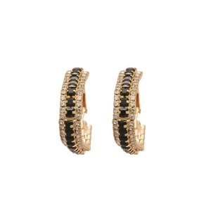 Vintage gold triangular hoop earrings with inlaid black and white cubic zirconia crystals