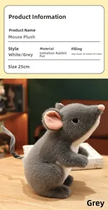 Detail showing plush grey mouse toy with soft faux rabbit fur and high elastic cotton fill