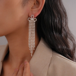 Boucles D'oreilles Pendantes À Franges Longues Nœud En Strass Avec Tige En Argent Cuivre Bijoux Élégants Pour Femmes