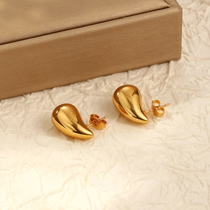 Stainless Steel Water Drop Stud Earrings Women 18K Gold Plated Teardrop Glossy Hammered Minimalist Fashion Jewelry