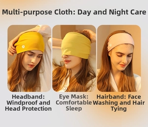 Three-way split view of soft knit postpartum headband used as eye mask and hair wrap