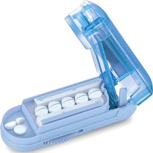 Blue translucent pill cutter box shown at a 45-degree open angle for precise medicine splitting