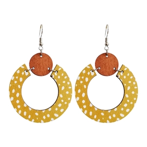 Modern Bohemian geometric wooden drop earrings with yellow polka dot C-shaped pendants
