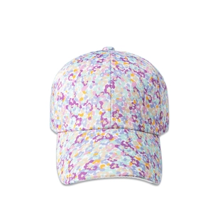 Detail showing the six-panel structure and floral pattern of the cotton baseball cap