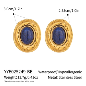 Detail view of retro gold stainless steel earrings with oval lapis lazuli stone size specs