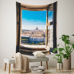 Detail view of Bohemian tapestry showing scenic Vatican City landmark in home decor
