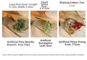 Collection of Christmas decorations showing pine cones, cotton and red berries details