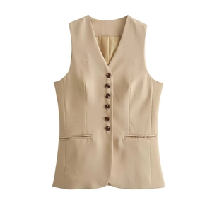 Gilet long ajusté pour femme à col en V beige avec fermeture à boutonnage simple à 6 boutons