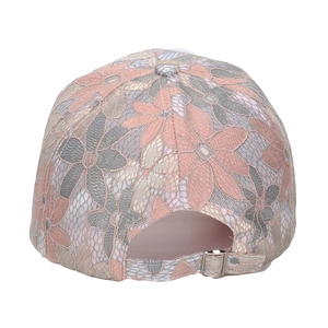 Women's floral lace baseball cap in pink and grey with adjustable metal buckle back
