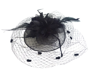 Detailed view of elegant black fascinator featuring delicate net mesh and feathers