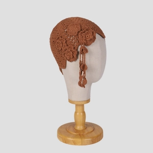Handmade crochet caramel brown boho beret with 3D floral accents and tassels