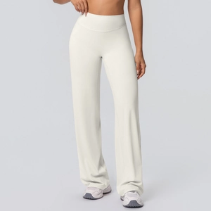 Detail view of high waisted wide leg yoga pants in cream white soft brushed fabric