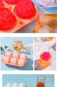 Macro detail of silicone 6-cavity rose ice mold with realistic flower texture and ice cubes