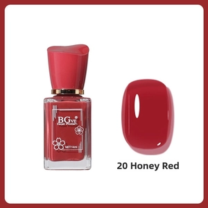 Detail of 14ml honey jam red nail polish with color swatch and bottle packaging