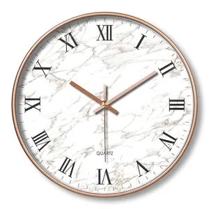 Modern 12-inch silent wall clock with white marble dial and rose gold frame
