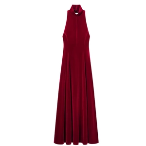 Burgundy backless halter neck maxi dress in premium glossy satin fabric, elegant long style