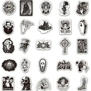 Pack of 25 black and white gothic punk stickers with skull and crow graffiti art