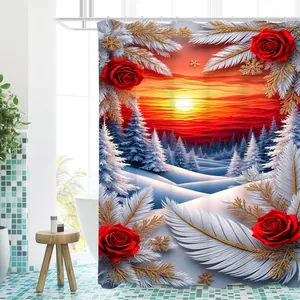 Λεπτομέρεια κουρτίνας μπάνιου 3D με τοπίο χιονιού στο ηλιοβασίλεμα και κόκκινα τριαντάφυλλα