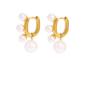 Boucles d'oreilles en or 18 carats en forme de U avec trois perles et une grande perle