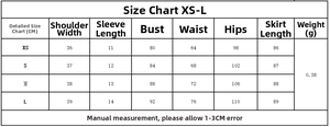 Detailed sizing guide in CM for polka dot bow mini dress covering sizes XS to L