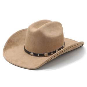 Classic camel faux suede western cowboy hat with vintage concho leather band