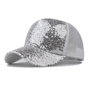 Detail of silver sequin texture and breathable mesh on the back of the stylish sun hat