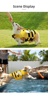 Détail du gilet de sauvetage abeille pour chien avec boucles et poignée de sécurité