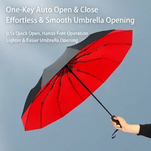Automatic 12-rib folding umbrella with black outer and red inner double-layer canopy
