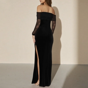 Elegant black off-shoulder velvet maxi dress with lace sleeves and side slit back view