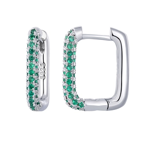 Macro shot of S925 hallmark on square silver earrings with green zircon settings