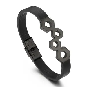 Woven Genuine Leather Bracelet With Stainless Steel Hexagon Honeycomb Geometric Punk Men Accessory