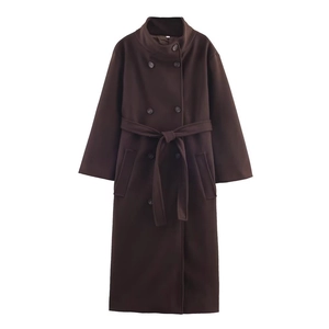 Women Long Woolen Coat Double Breasted Belted Stand Collar Casual Winter Fashion Overcoat Elegant Outwear