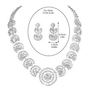 Sparkling silver bridal rhinestone necklace and earring set with size dimensions