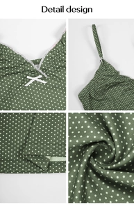 Detail design of green polka dot camisole showing bow, straps and fabric texture