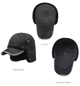 Detailed views of winter suede baseball cap with ear flaps and warm fleece lining