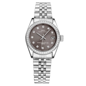 Luxury silver steel watch for women with diamond bezel and sunburst grey dial