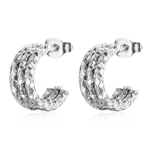 Silver-plated stainless steel C-shaped earrings with textured diamond-pattern finish