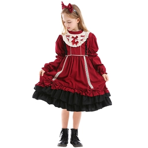 Girl's wine red Spanish Lolita dress with black ruffles and lace collar