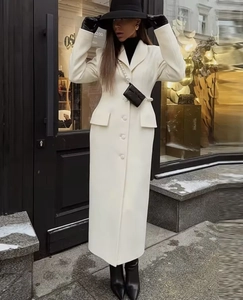 Front view of a long white wool coat with lapel collar and slim fit silhouette