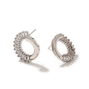 Elegant silver C-shaped hoop earrings with sparkling cubic zirconia inlay for women