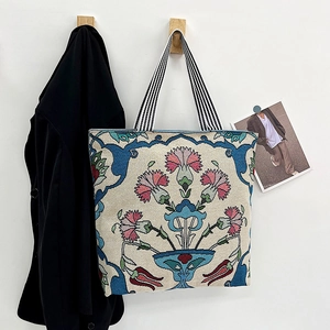 Bohemian Floral Embroidery Canvas Tote Bag Large Capacity Jacquard Handbag With Striped Handles Zipper Retro Ethnic Style