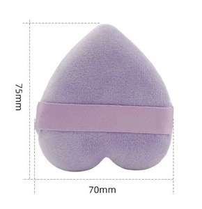 Purple heart-shaped makeup powder puff detail showing dimensions 75mm by 70mm