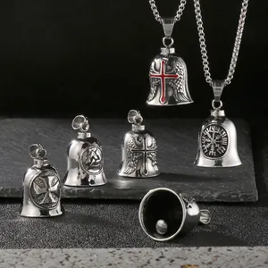 Men Stainless Steel Viking Bell Pendant Necklace Retro Gothic Biker Guardian Bell Winged Cross Freemasonry Jewelry