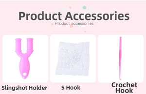 Detailed DIY kit including pink Y-loom, crochet hook, and S-clips for rubber band weaving