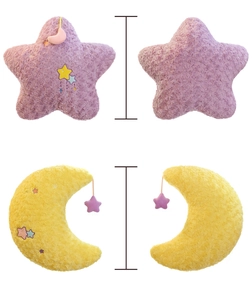 Detailed front and back views of plush moon and star cushions with rose petal texture